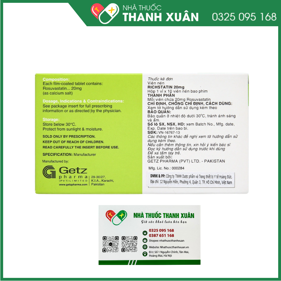 Richstatin 20mg giảm nồng độ cholesterol toàn phần